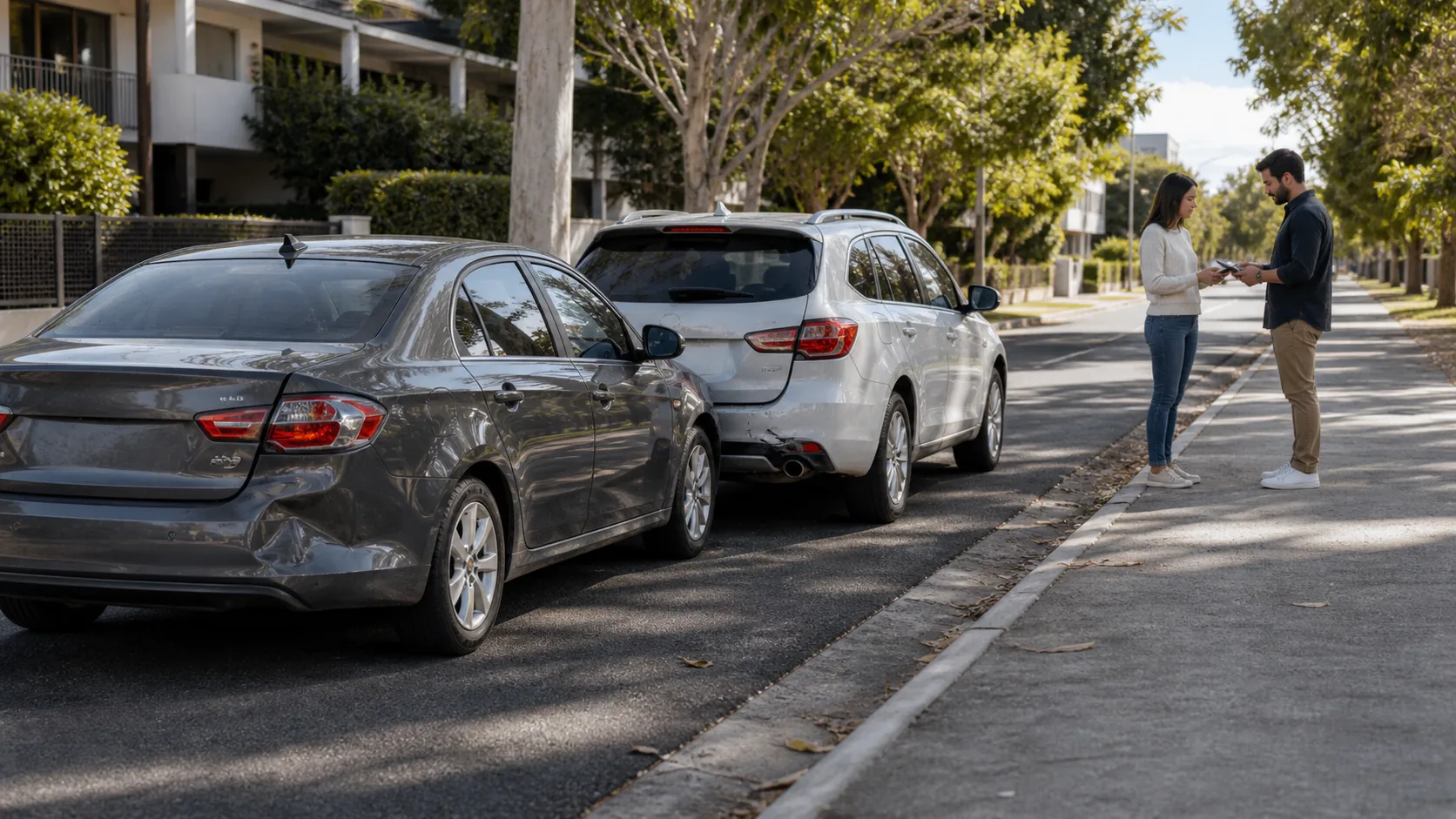 A rear-end motor accident scene on a NSW road with people calmly exchanging details after the collision.