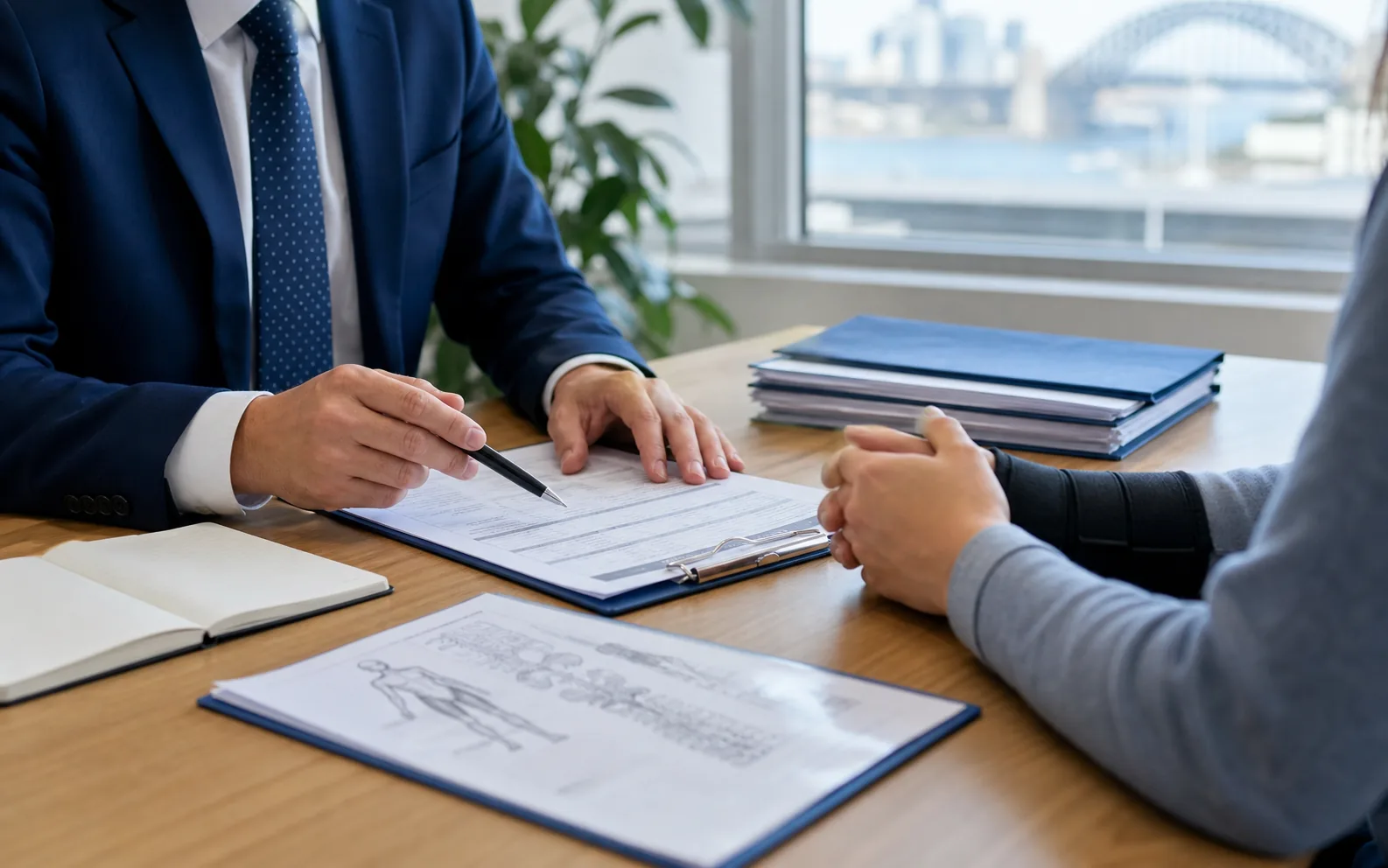 A solicitor and claimant reviewing NSW CTP claim documents and medical evidence in a professional meeting room.